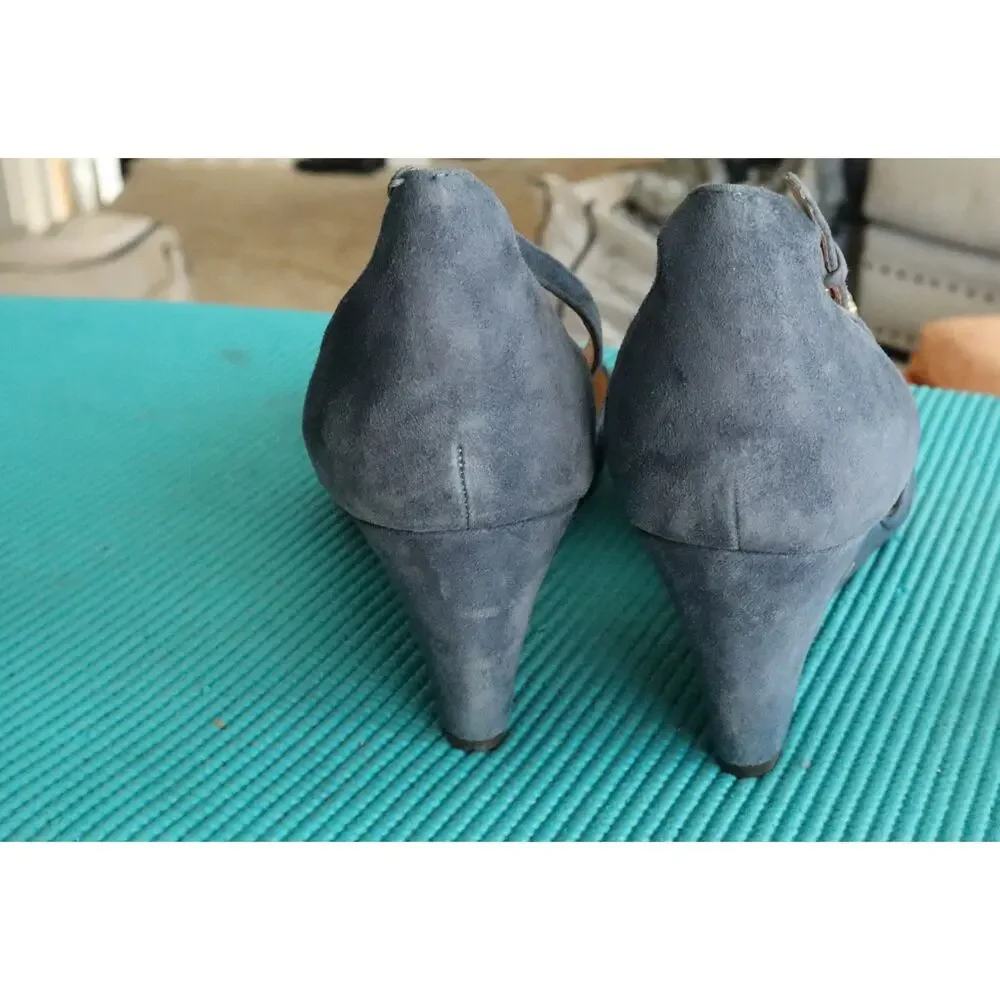 Franco Sarto Fay Blue Suede Wedge Heel Pump Ankle Strap Pointed Toe